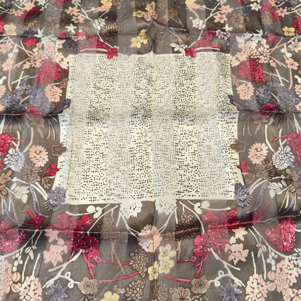 Floral Silk Square‎ Scarf Brown Red Sheer Printed in Korea Vintage 90s Y2K